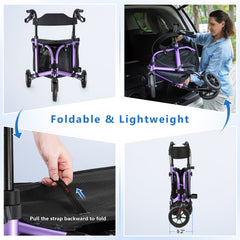 WALK MATE 3 Wheel Rollator Walker for Slim Seniors, 8 Inch Wheels Lightweight Foldable Mobility Aid, Purple
