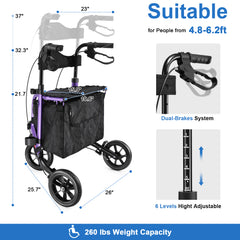WALK MATE 3 Wheel Rollator Walker for Slim Seniors, 8 Inch Wheels Lightweight Foldable Mobility Aid, Purple